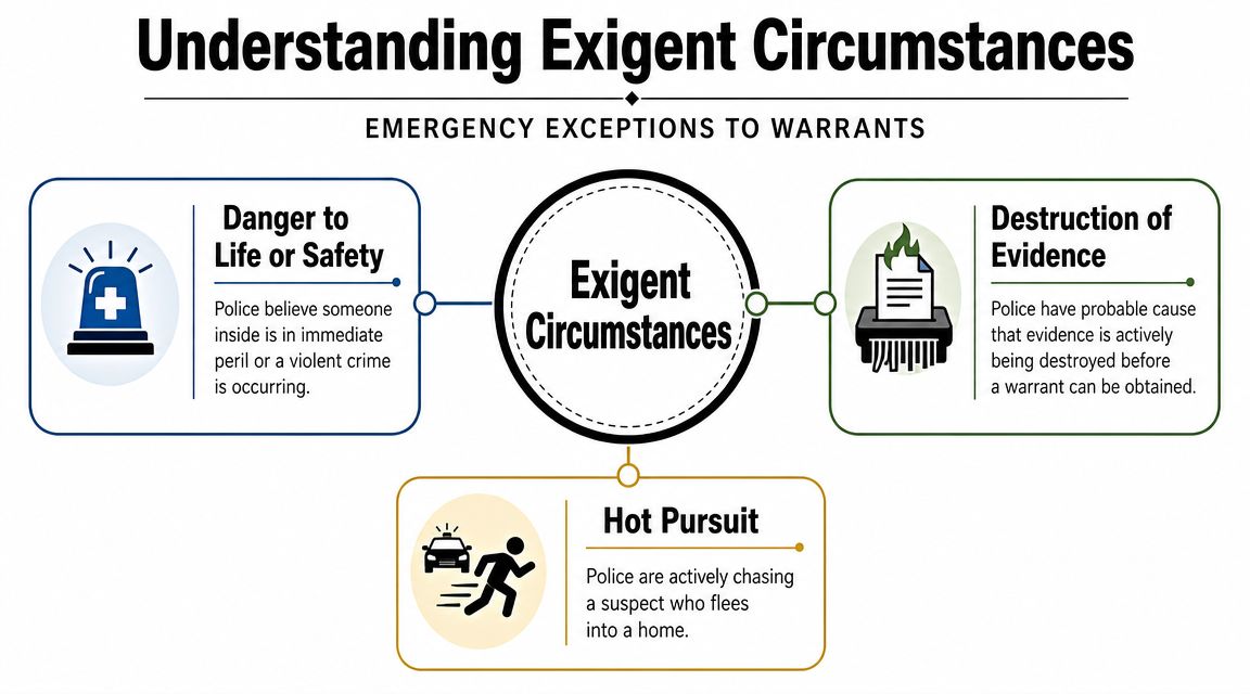An infographic titled Understanding Exigent Circumstances explaining the three main emergency exceptions to police warrant requirements.