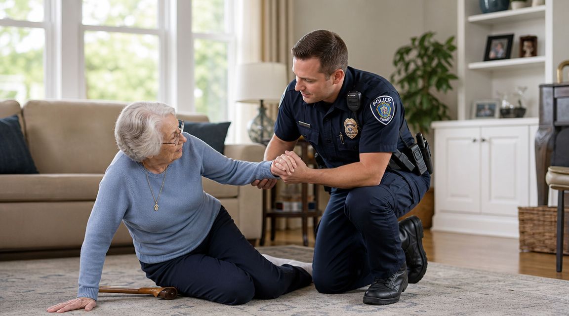 A police officer kneels on the floor to comfort an elderly woman who has fallen at home.