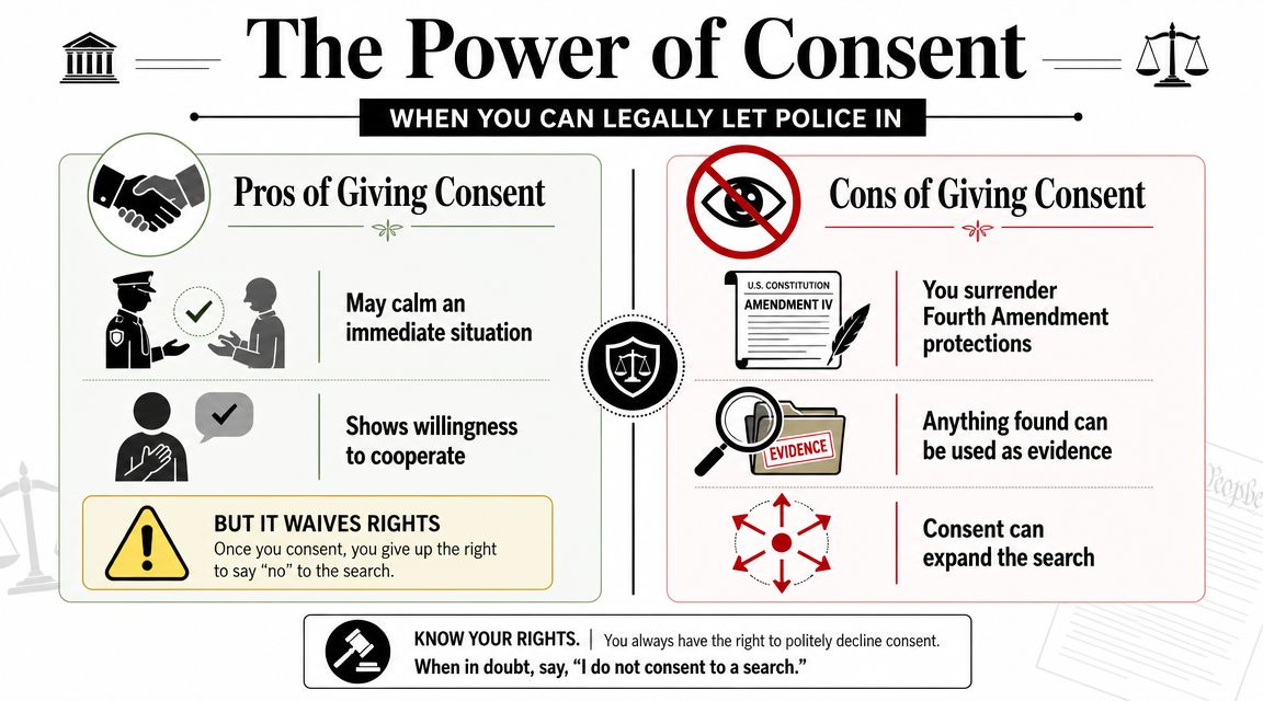 An infographic titled The Power of Consent outlining the legal pros and cons of letting police search property.