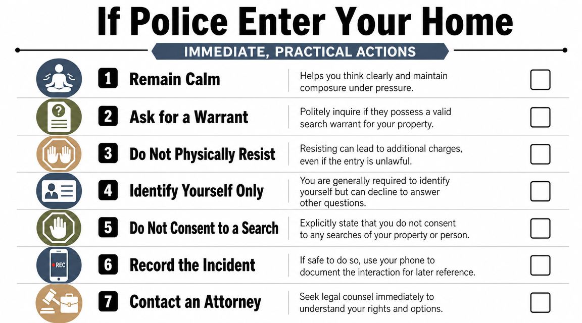 An infographic titled If Police Enter Your Home outlining seven practical steps to take during police encounters.