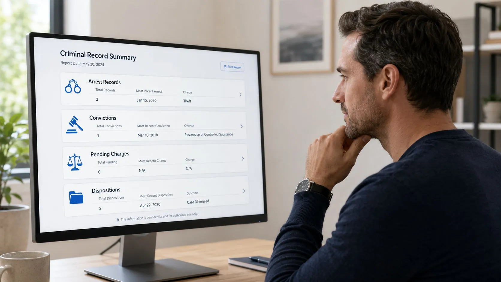 A man observing a criminal record summary report displayed on a computer screen in an office setting.
