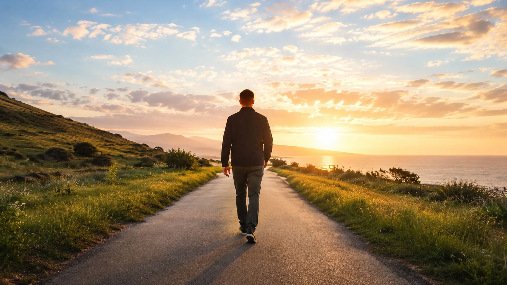 A man walking along a scenic coastal road towards a bright sunrise, symbolizing forward progress and hope.