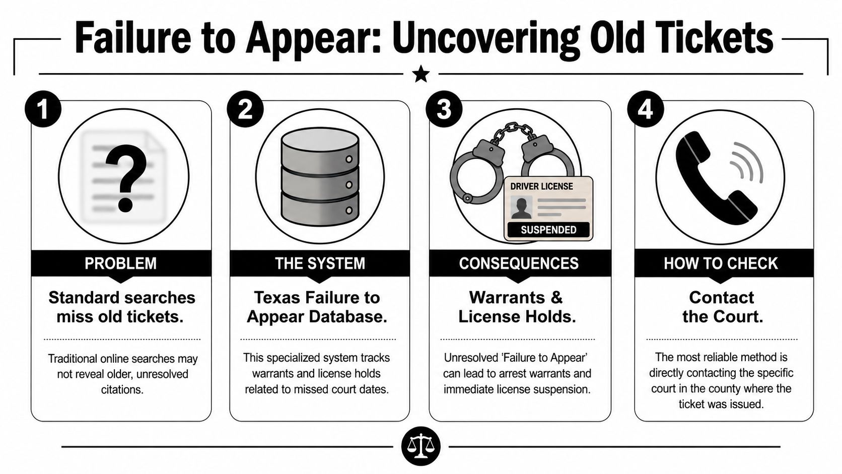 An infographic titled Failure to Appear explaining how to identify and resolve old Texas traffic citations.