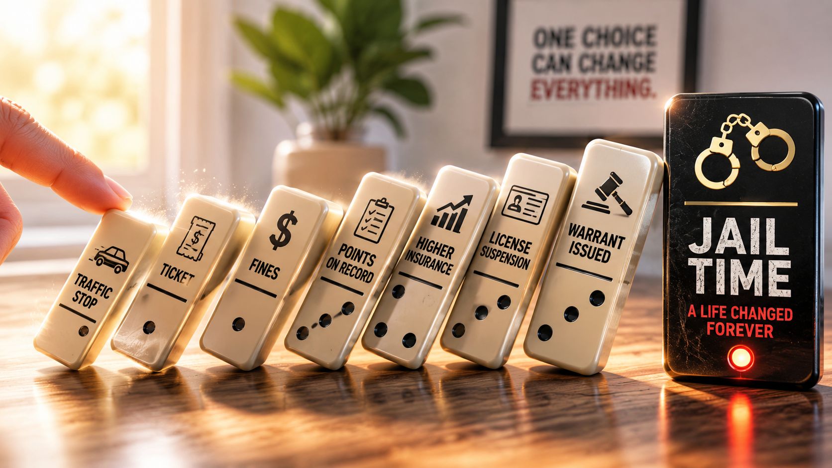 Domino effect illustration showing how a traffic stop leads to legal consequences, fines, and potential jail time.