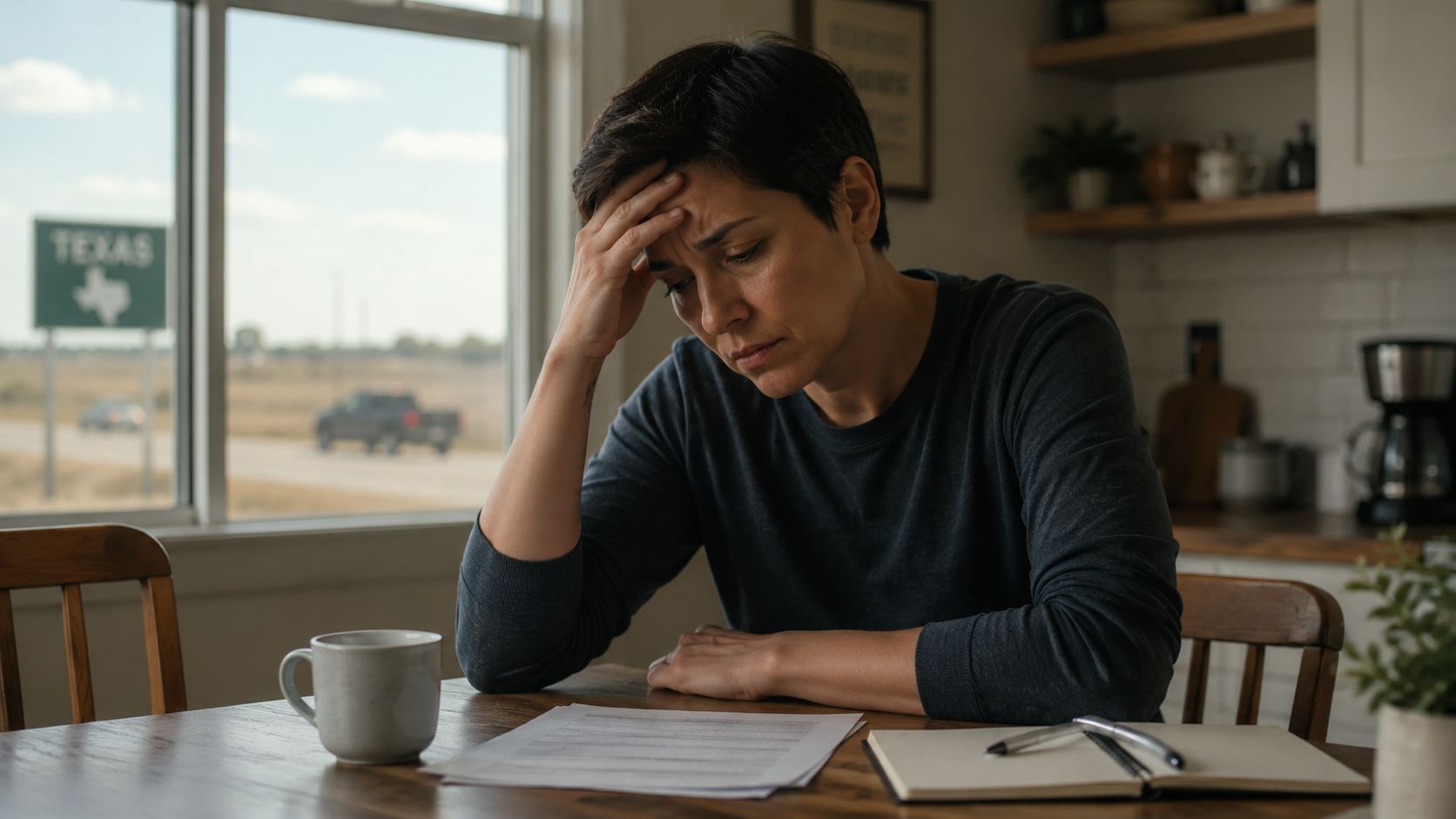 A woman looks stressed while sitting at a table in a kitchen with Texas signage visible outside.