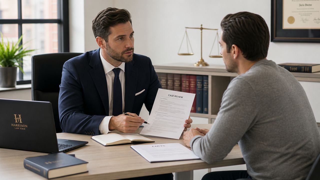 A professional lawyer discussing a legal case review document with a client in a modern office.