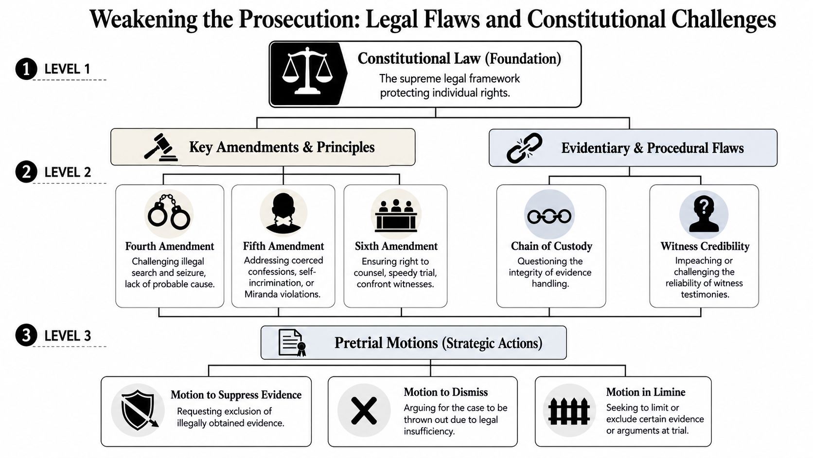 A flowchart detailing legal defense strategies including constitutional amendments, evidentiary flaws, and specific pretrial motions.