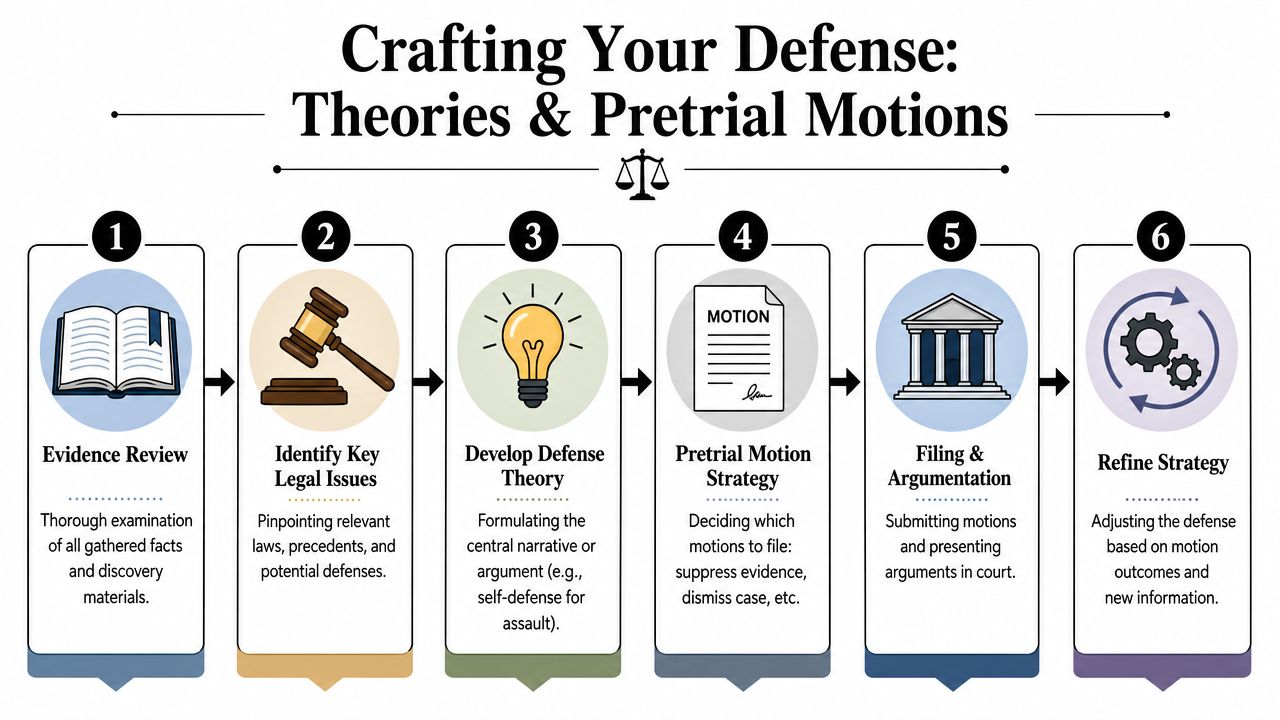 A six-step infographic illustrating the process of crafting a criminal defense strategy and pretrial motions.