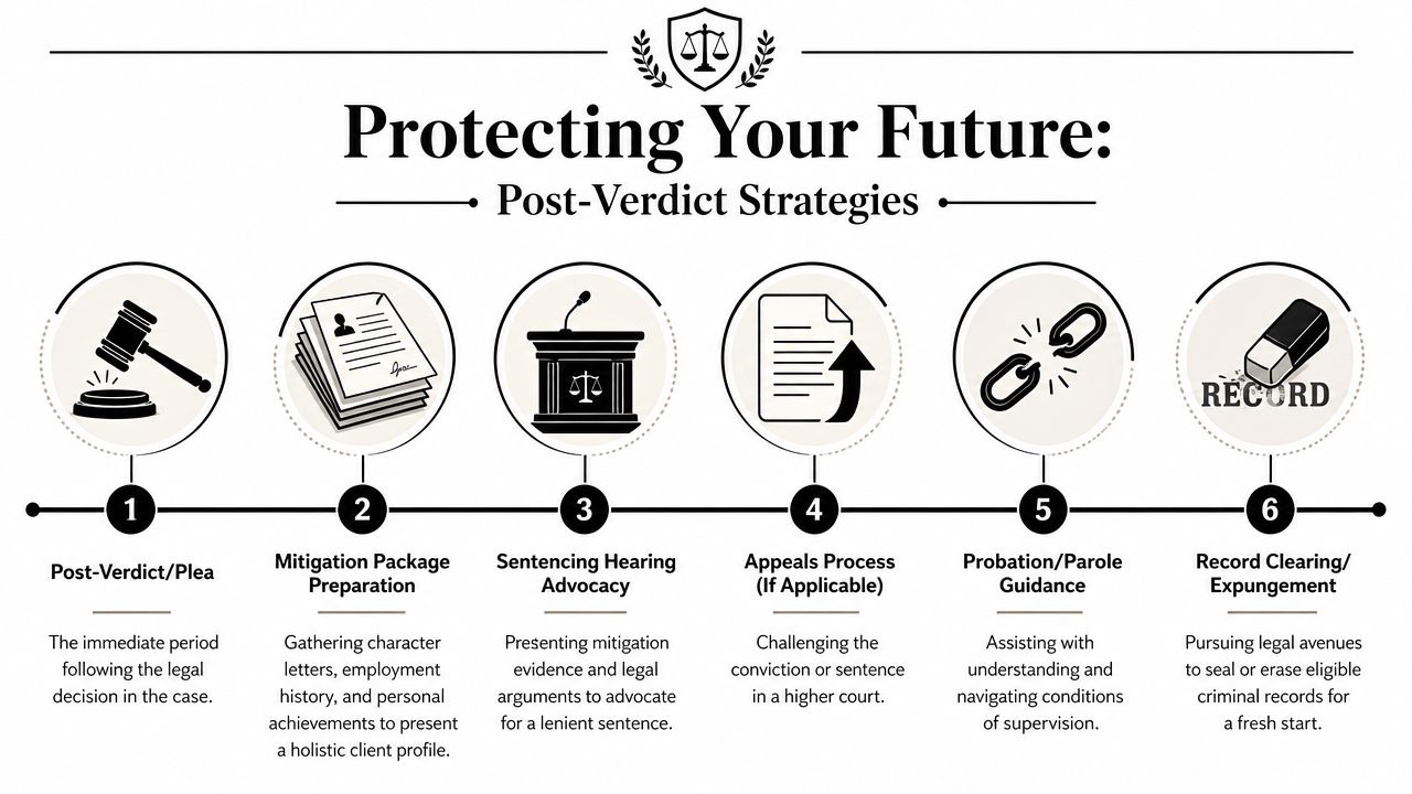 A six-step infographic detailing post-verdict legal strategies for protecting your future after a criminal case.