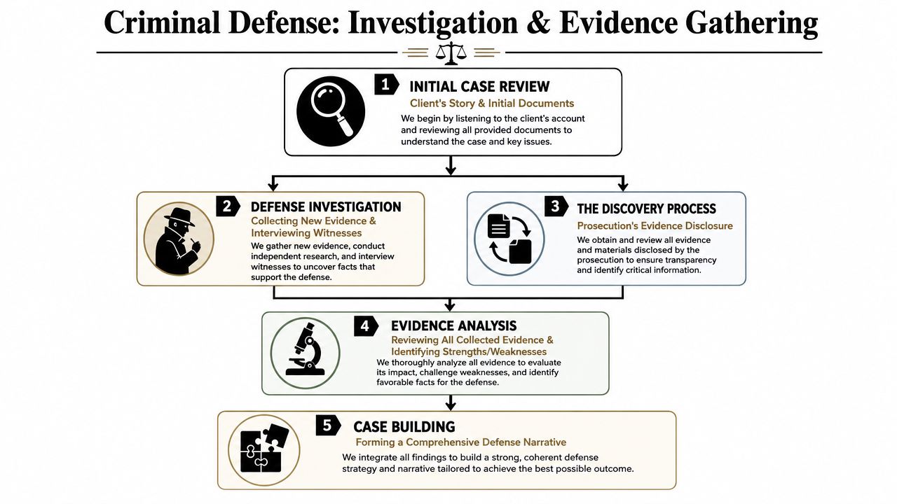 A flowchart infographic outlining the five-step criminal defense investigation and evidence gathering process for legal strategy development.
