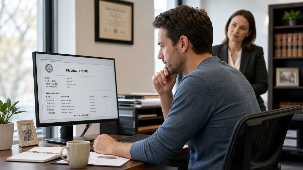 A man reviewing his driving record on a computer screen while sitting in an office with a consultant.