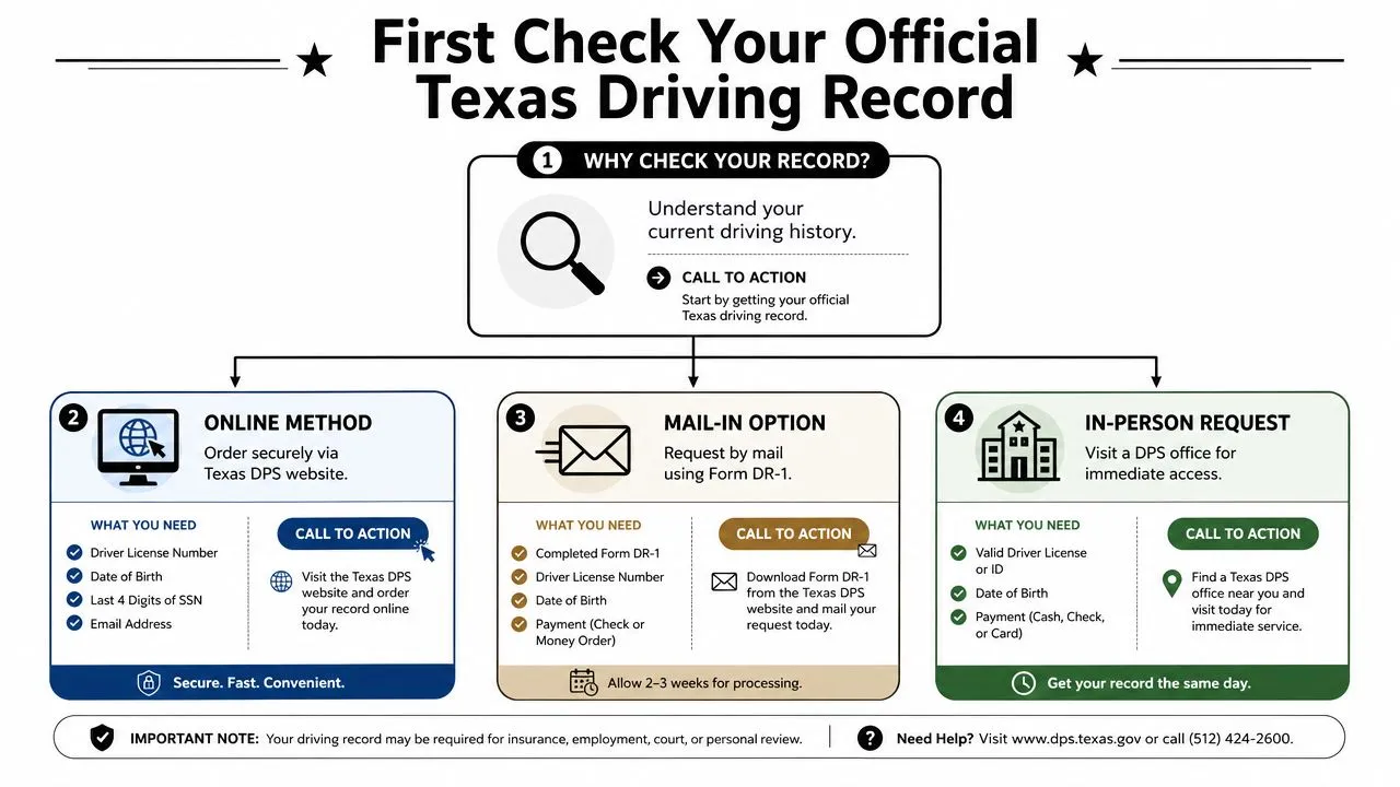 An infographic showing the three methods to request an official Texas driving record: online, mail, and in-person.
