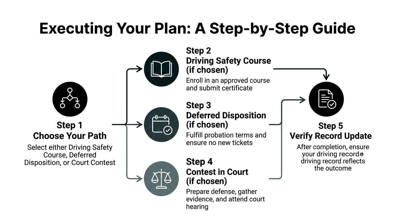 A step-by-step flowchart for handling a traffic ticket, including choosing a path, completing requirements, and verifying the record.