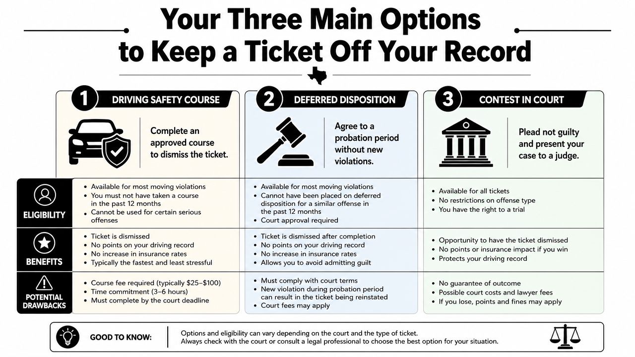An infographic showing three legal options to keep a traffic ticket off your Texas driving record.