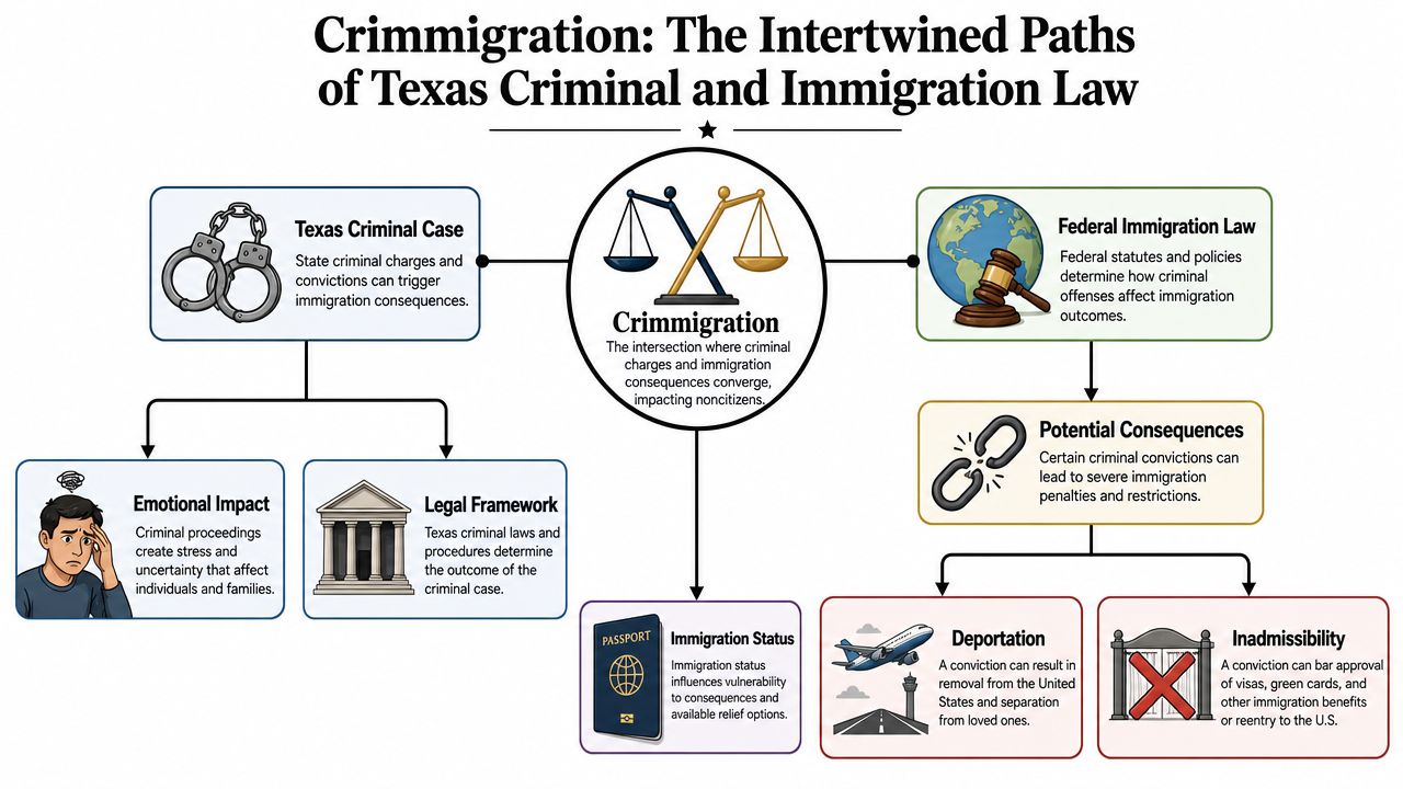 A diagram illustrating how Texas criminal cases and federal immigration laws intersect to impact noncitizen populations.
