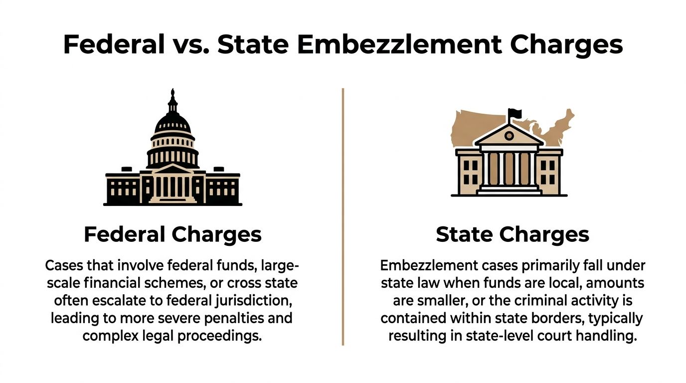 An infographic comparing federal and state embezzlement charges and their differing legal jurisdictions and case criteria.