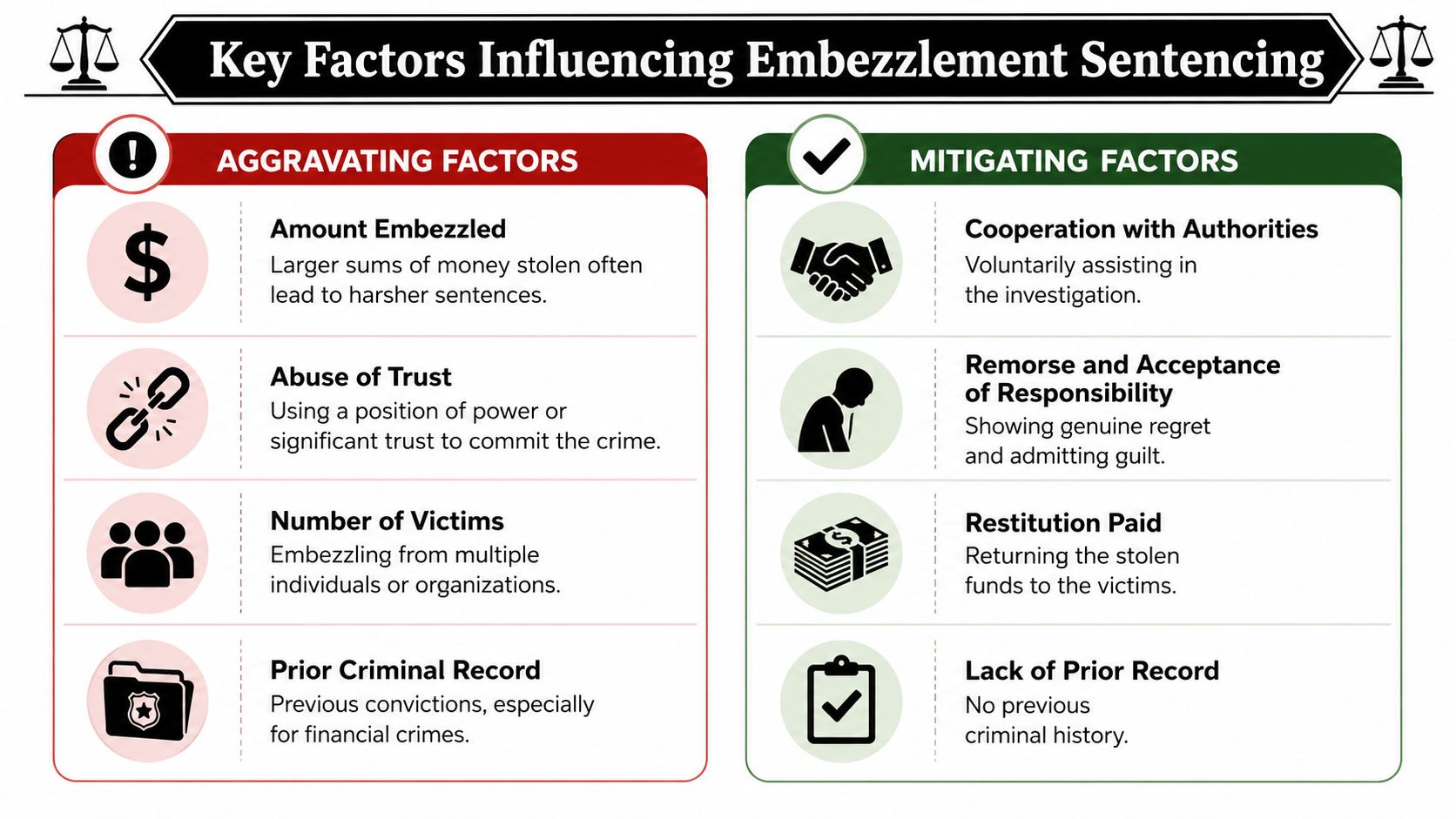 An infographic showing key aggravating and mitigating factors that influence sentencing for embezzlement crimes.