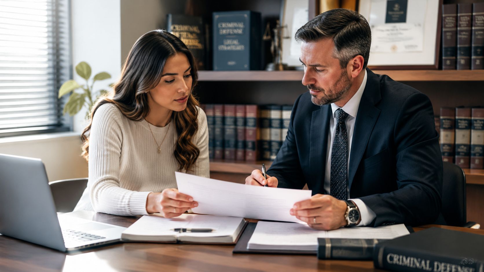 A professional attorney discussing legal documents with a client in a law office setting.