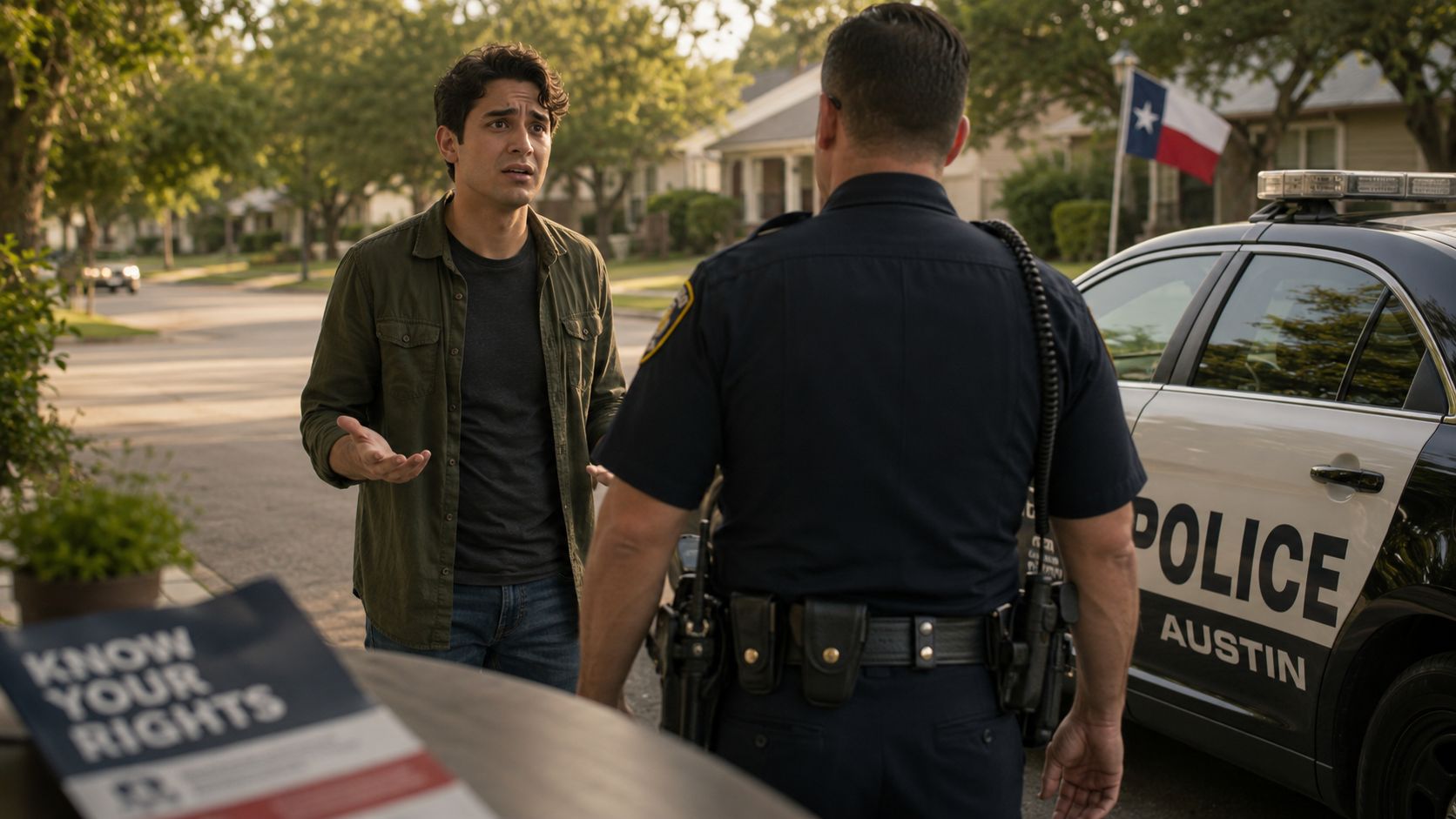 A concerned young man speaks to an Austin police officer on a residential street in Texas.