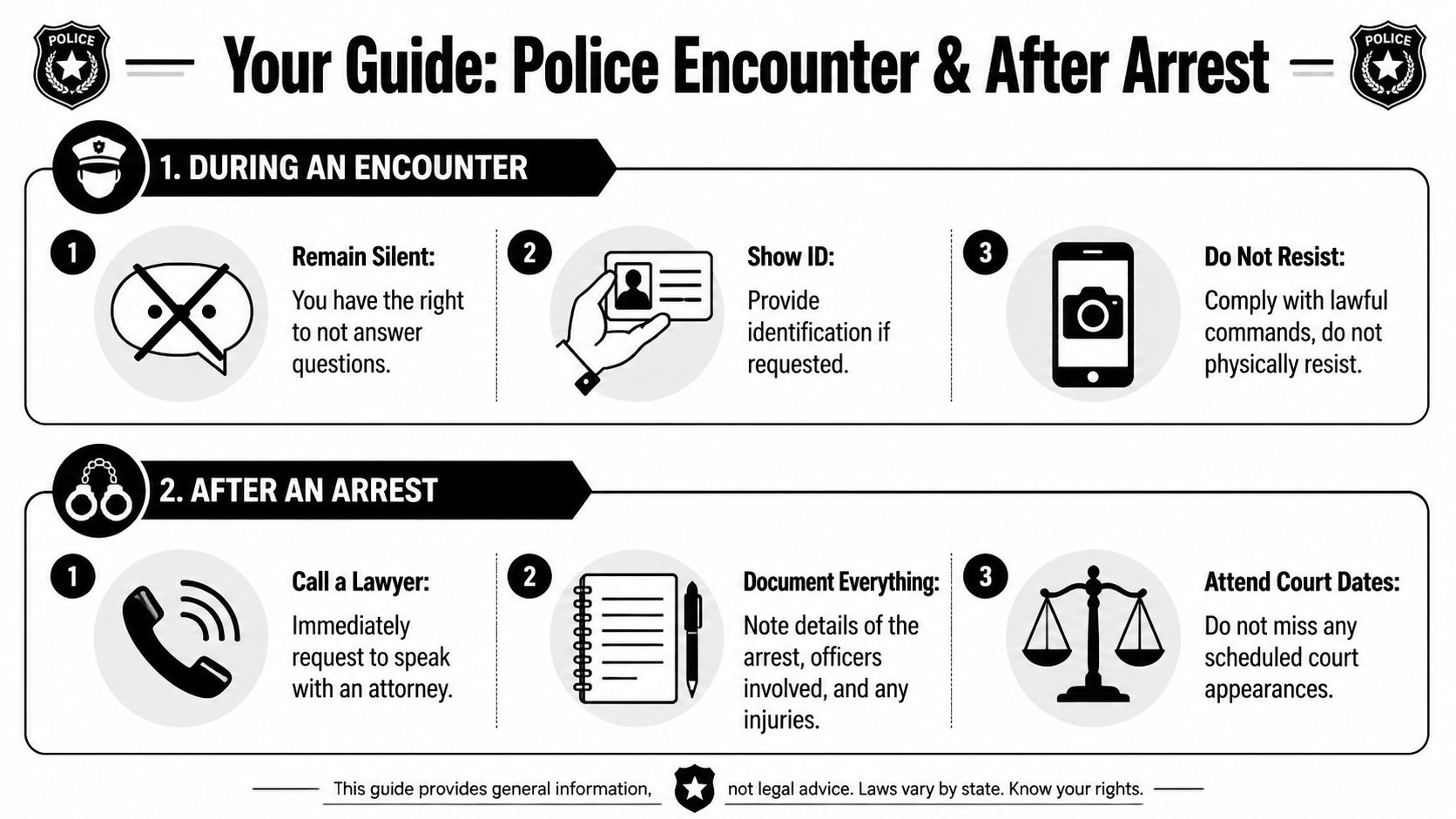 An infographic detailing steps to follow during police encounters and after an arrest for legal protection.