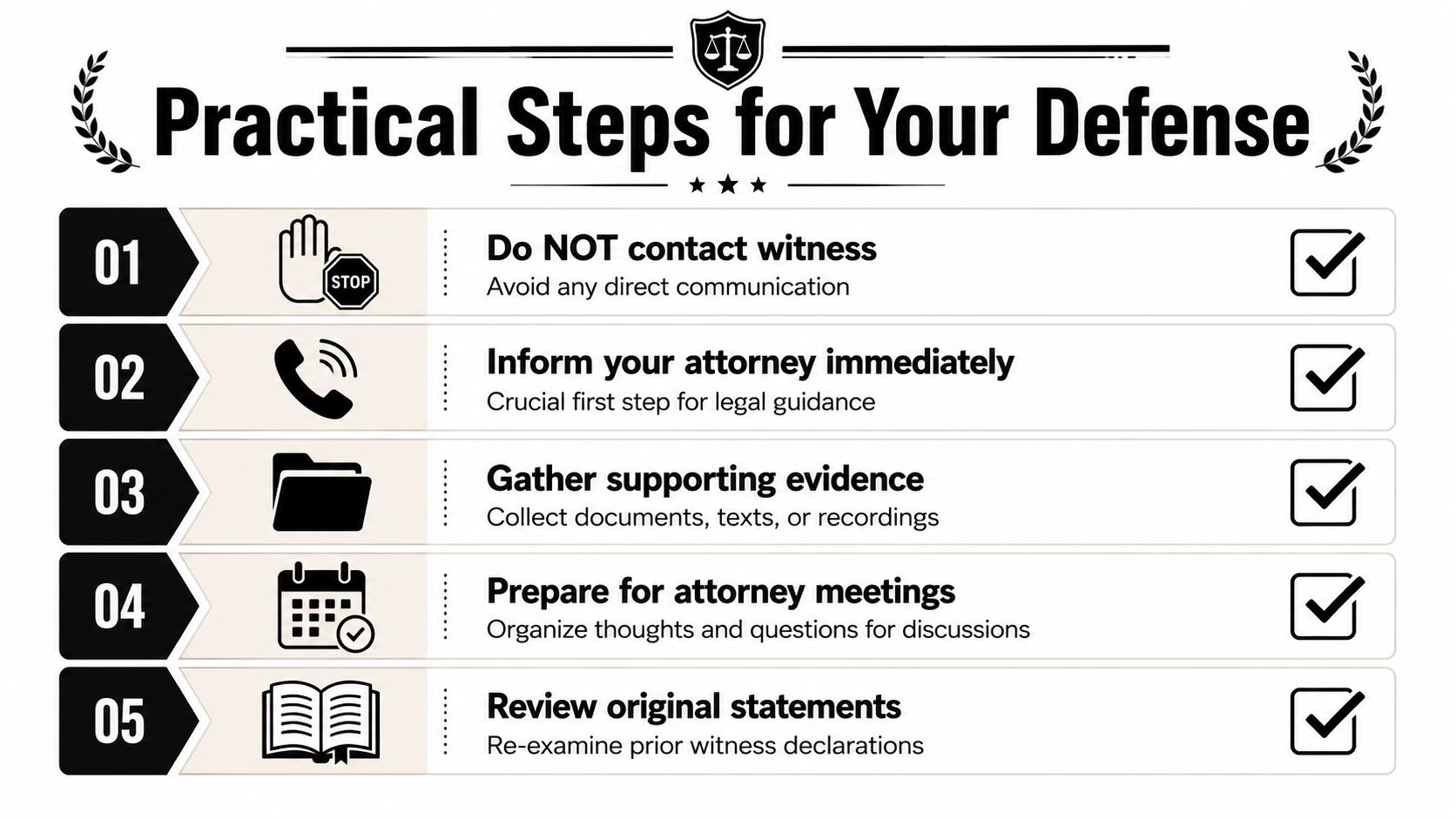 An infographic titled Practical Steps for Your Defense illustrating five key actions for defendants regarding witness statements.