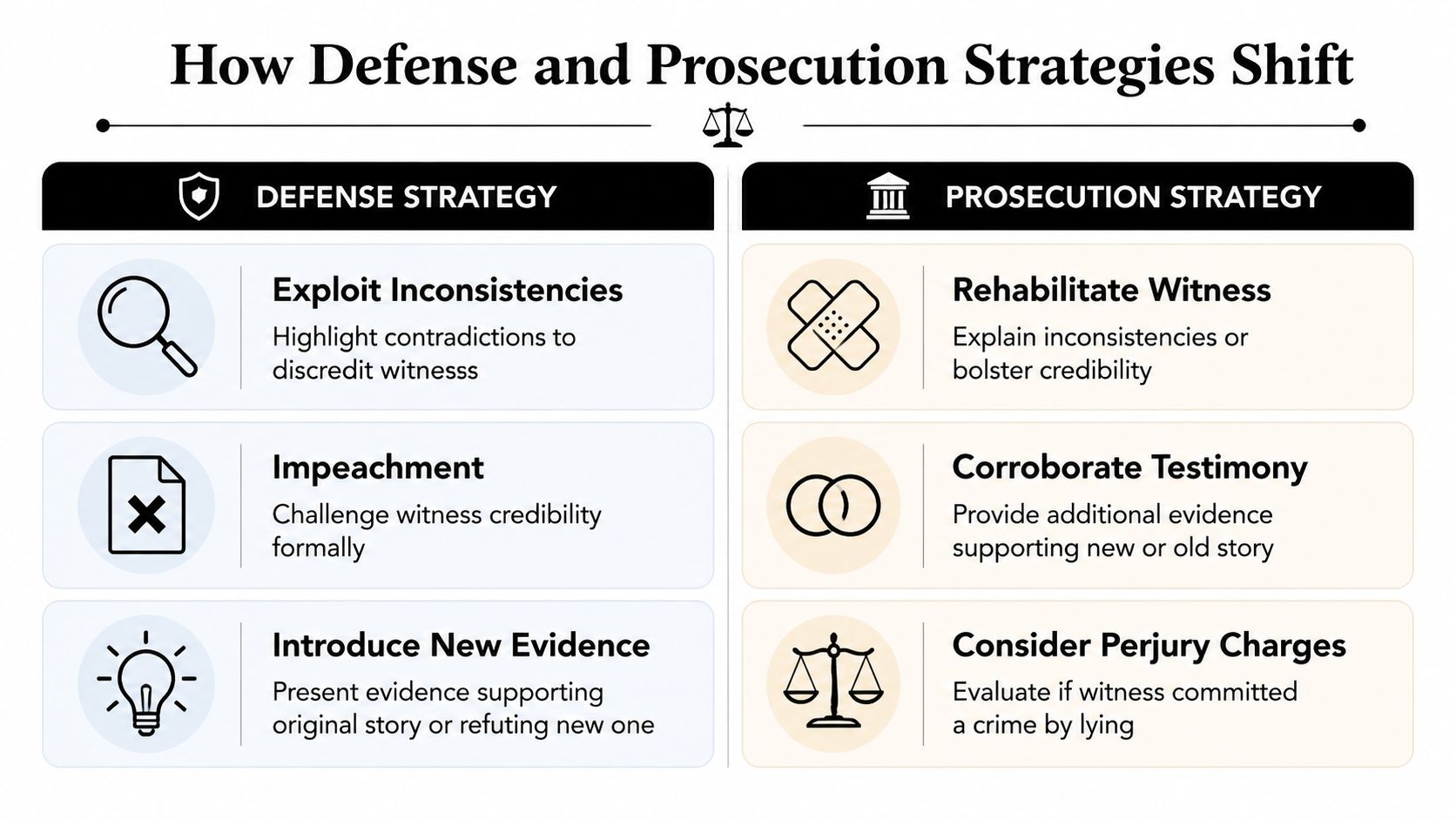 A comparative infographic showing defense and prosecution strategies when a witness changes their testimony in court.