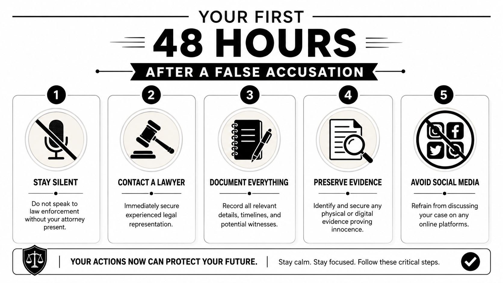 An infographic titled Your First 48 Hours After a False Accusation, listing five essential steps to take.