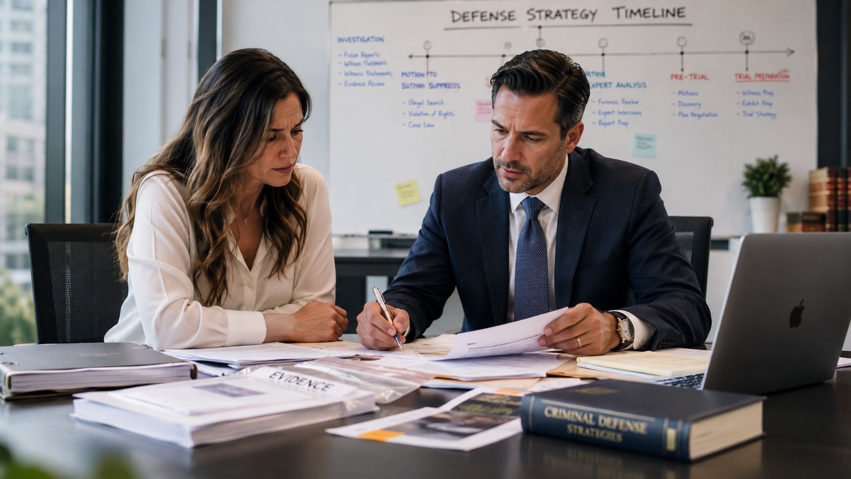 A female client and her male attorney reviewing legal documents and evidence in a professional law office.