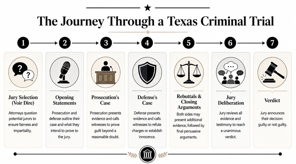 An infographic showing the seven stages of a criminal trial process in the Texas court system.