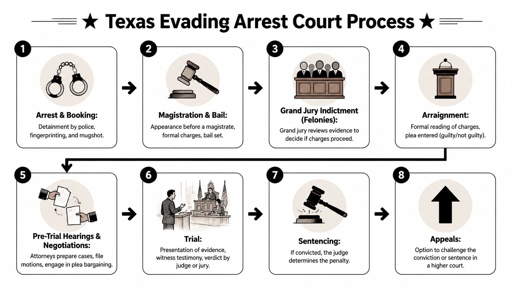 A flowchart detailing the eight-step legal process for an evading arrest charge in the Texas court system.