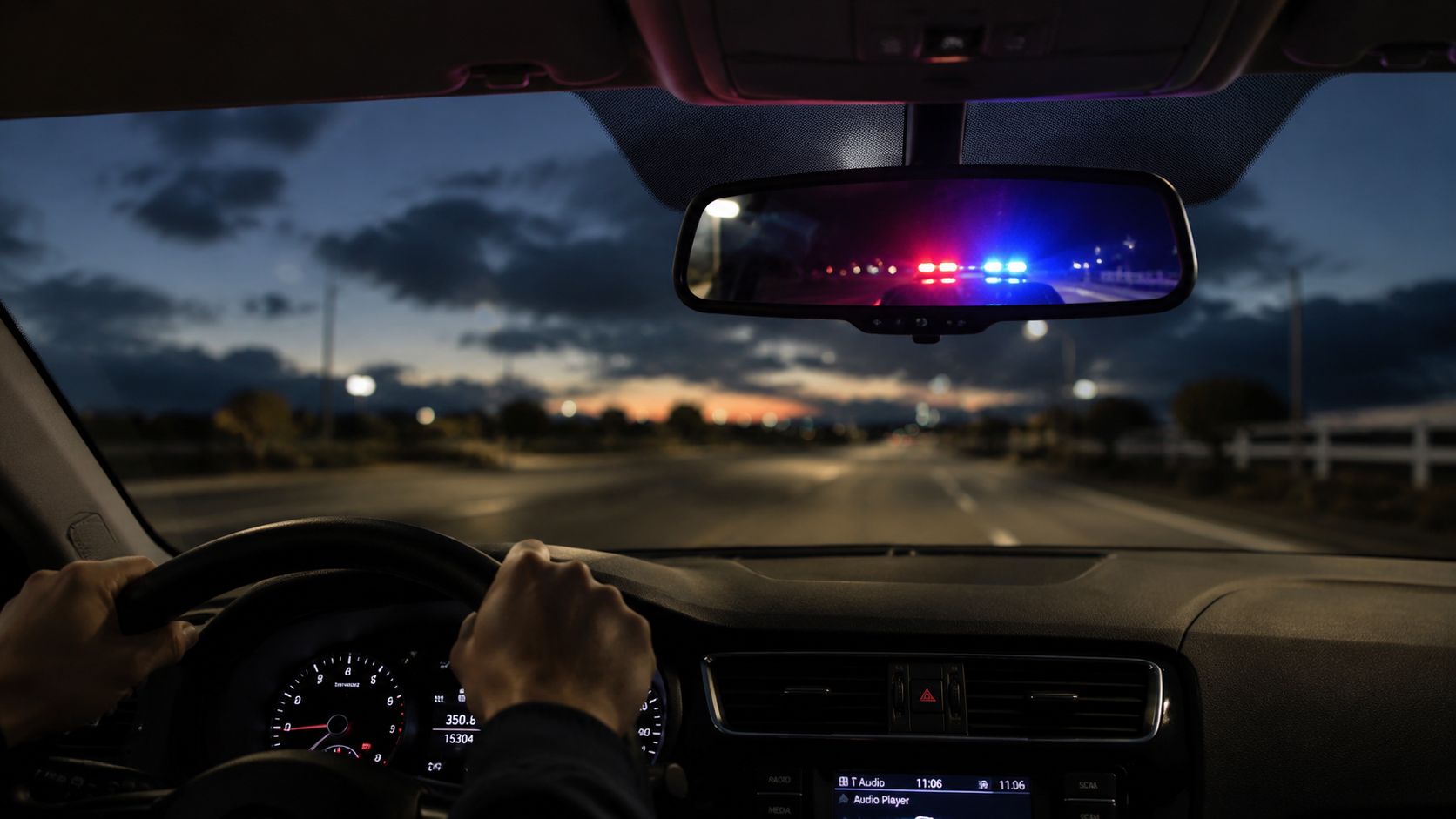 A driver holding the steering wheel while looking at police lights in the rearview mirror at night.