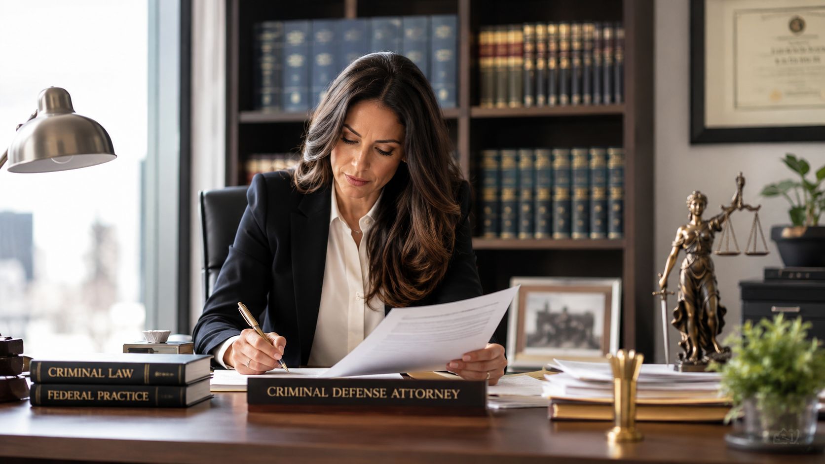 A professional female criminal defense attorney reviews legal documents while sitting at her office desk.