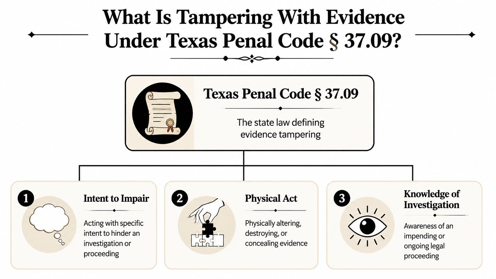 An infographic explaining the three legal requirements for tampering with evidence under Texas Penal Code section 37.09.