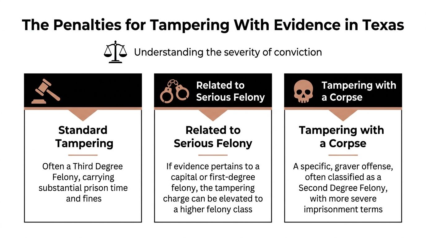 An infographic detailing the various penalties for tampering with evidence in the state of Texas.