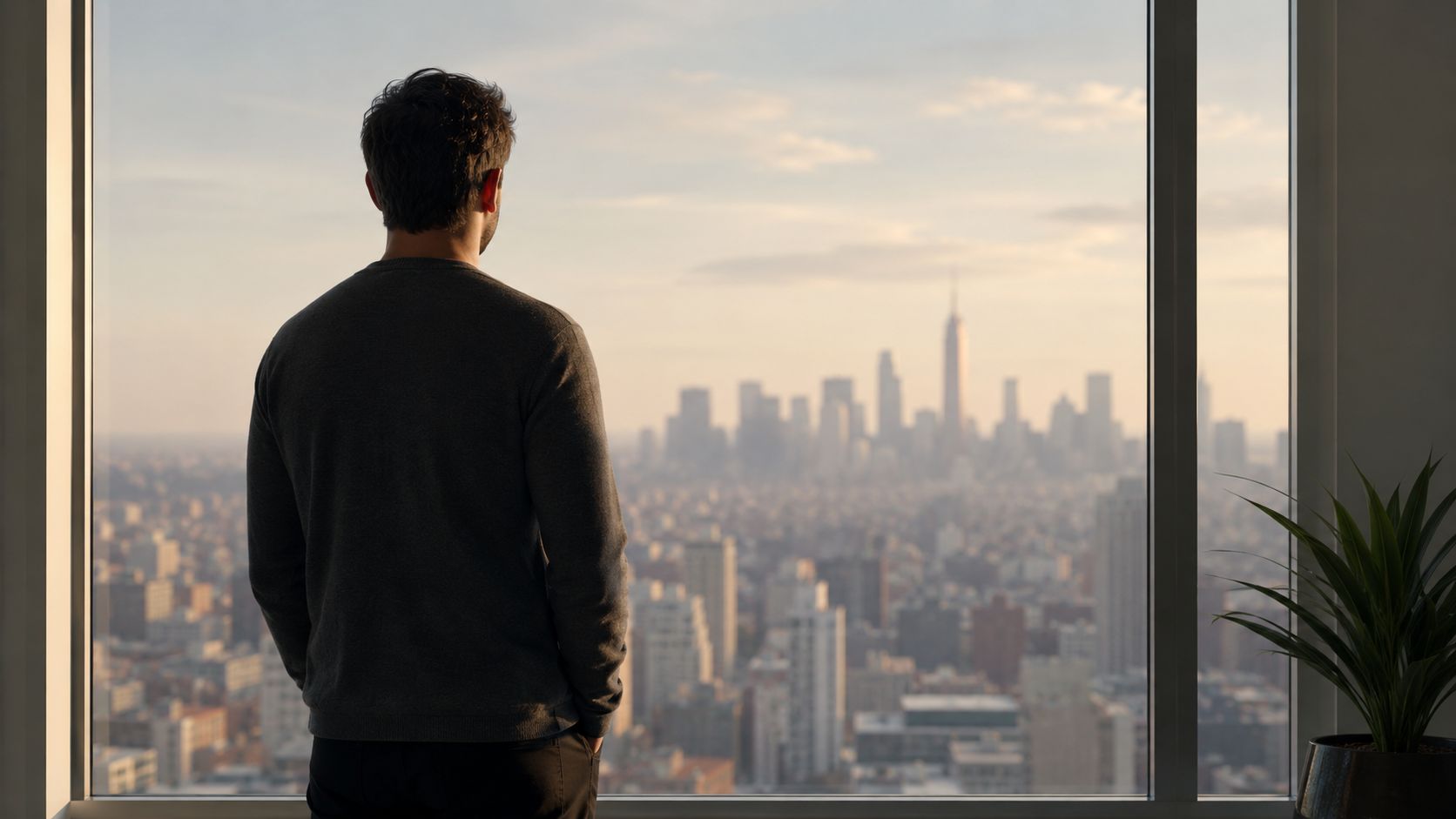 A man stands by a large window looking out at a sprawling city skyline during sunset.
