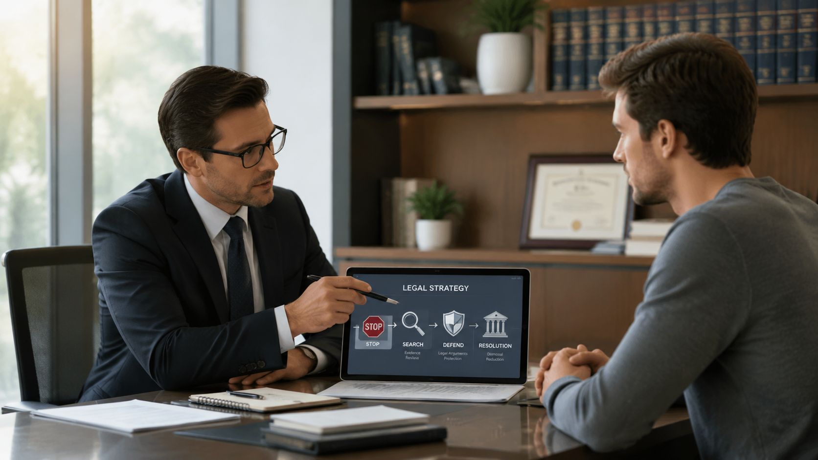 A professional attorney explains a legal strategy flow chart on a laptop to a client in office.