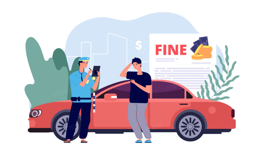 Police officer issuing a fine to a driver beside a red car, with a document labeled "FINE" and money symbols in the background, illustrating drink and drive penalties.