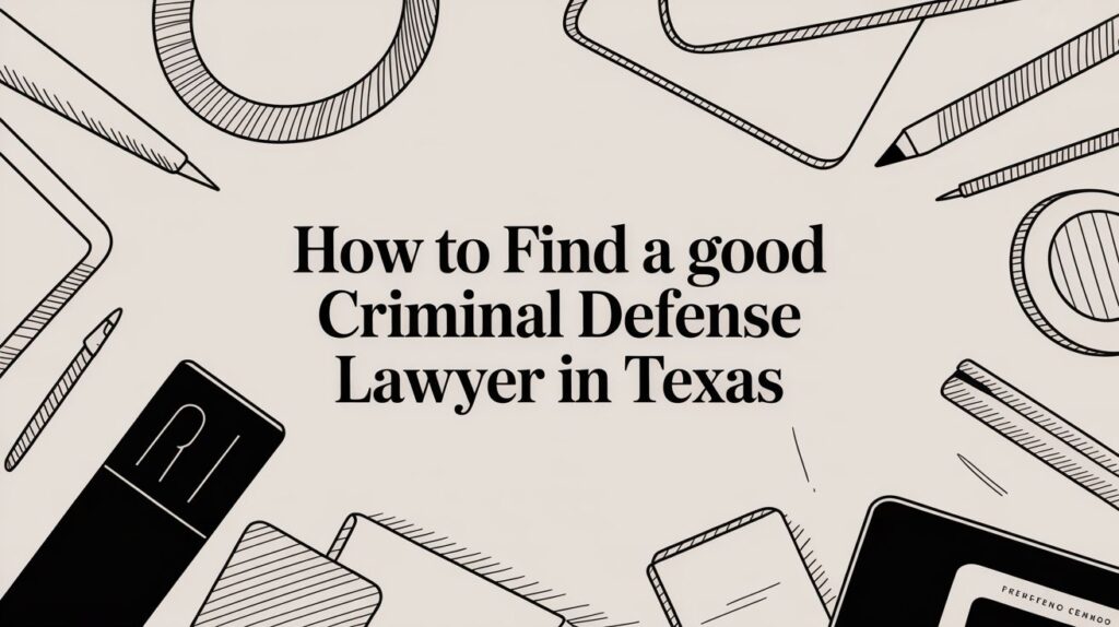 How to find a good criminal defense lawyer in Texas, illustrated with legal-themed graphics and office supplies.