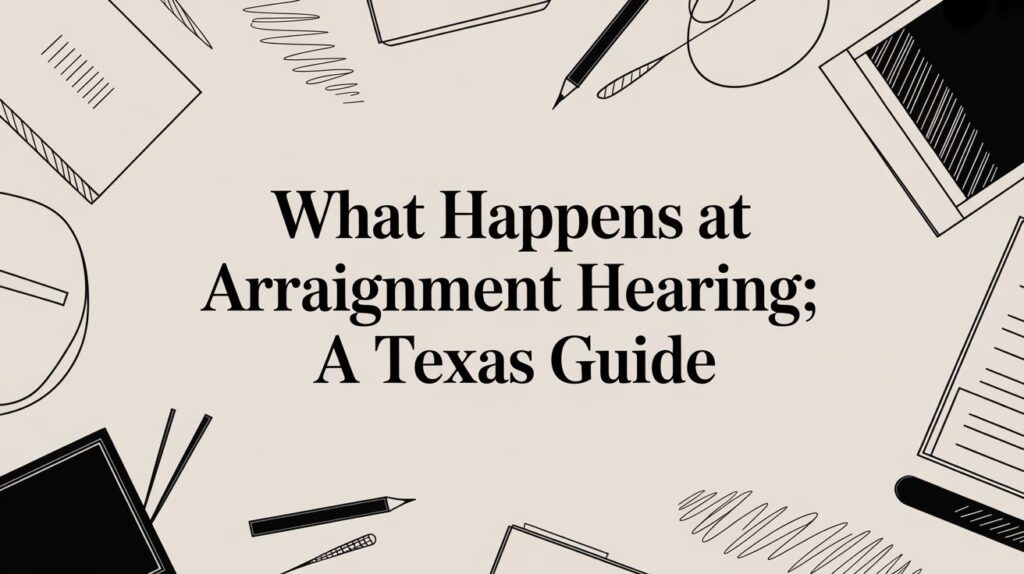 What happens at arraignment hearing; a Texas guide with legal documents and stationery elements surrounding the text.