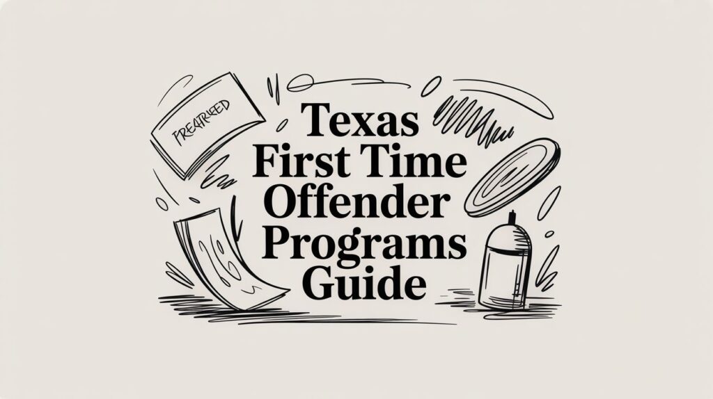 Texas First Time Offender Programs Guide with illustrative elements representing legal processes and support resources.
