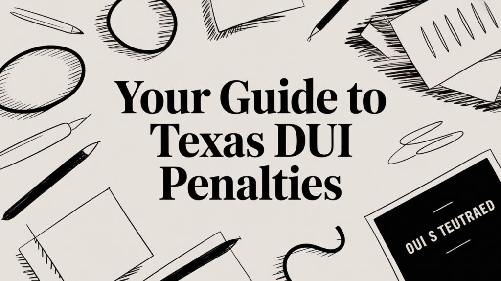 Your guide to Texas DUI penalties with illustrated legal tools and documents, emphasizing DWI law in Houston.