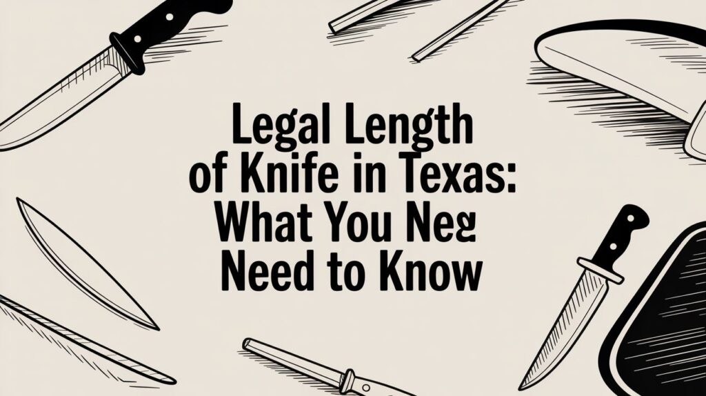 Legal length of knife in Texas graphic featuring various knife illustrations and the text "Legal Length of Knife in Texas: What You Need to Know."