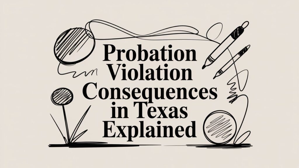 Probation violation consequences in Texas explained with illustrated elements like flowers and pens.
