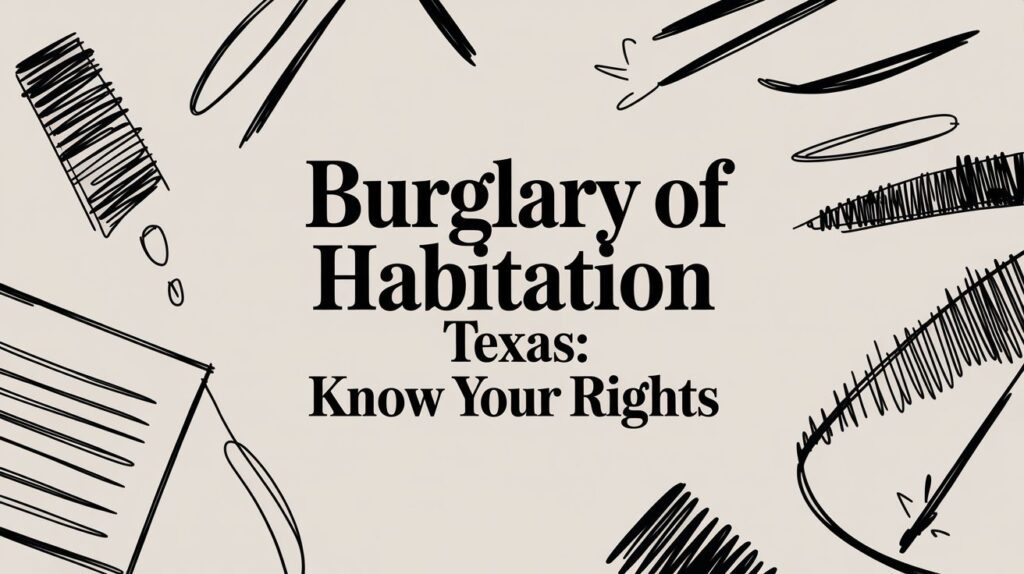 Burglary of habitation legal text graphic with title "Burglary of Habitation Texas: Know Your Rights" and illustrative sketches of legal documents and pens, relevant to burglary defense in Texas.