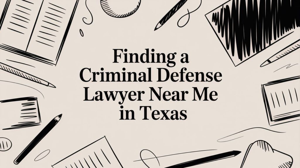 Finding a Criminal Defense Lawyer Near Me in Texas with sketch-style illustrations of legal documents and writing tools.