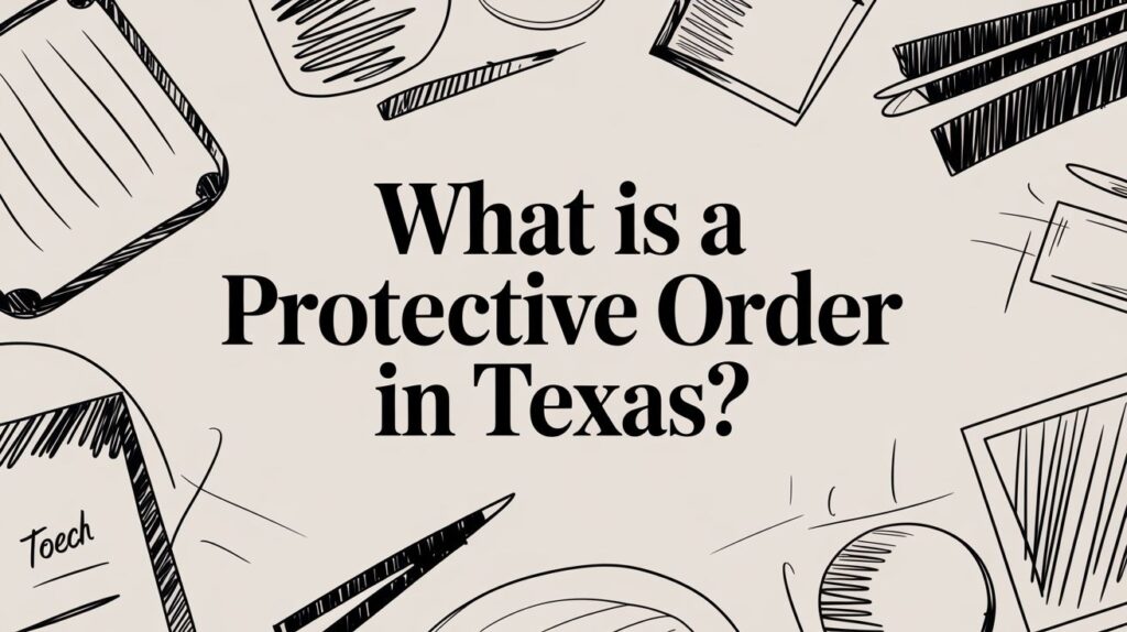 What is a Protective Order in Texas? graphic with legal documents and stationery elements, relevant to Texas law and protective orders.