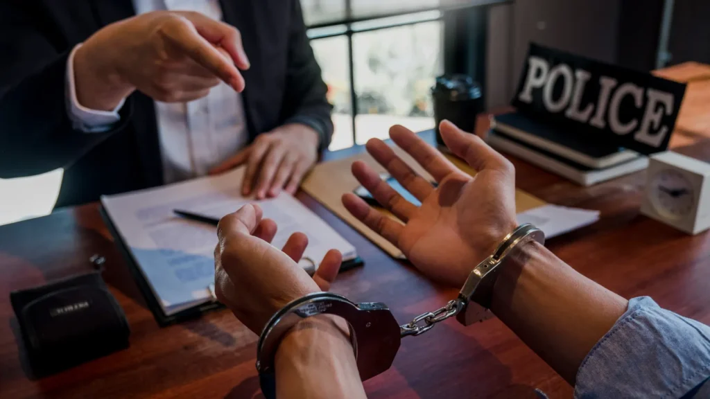 Person in handcuffs discussing legal matters with an attorney in an office setting, emphasizing criminal law and theft penalties in Texas.