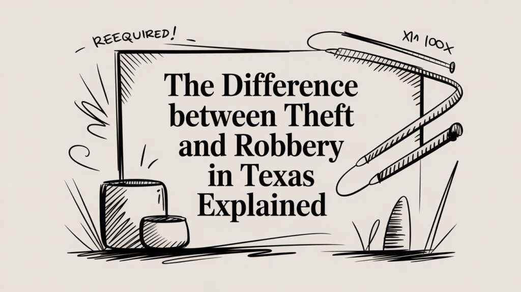 The Difference between Theft and Robbery in Texas Explained, illustrated text with legal context and decorative elements.
