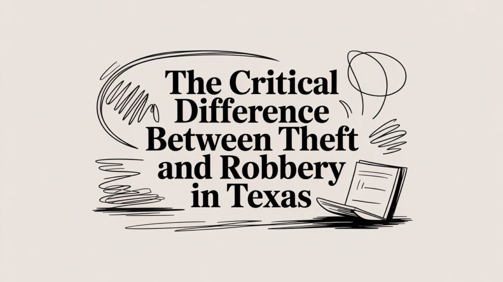 The Critical Difference Between Theft and Robbery in Texas graphic with stylized text and an illustration of an open book, emphasizing legal distinctions.