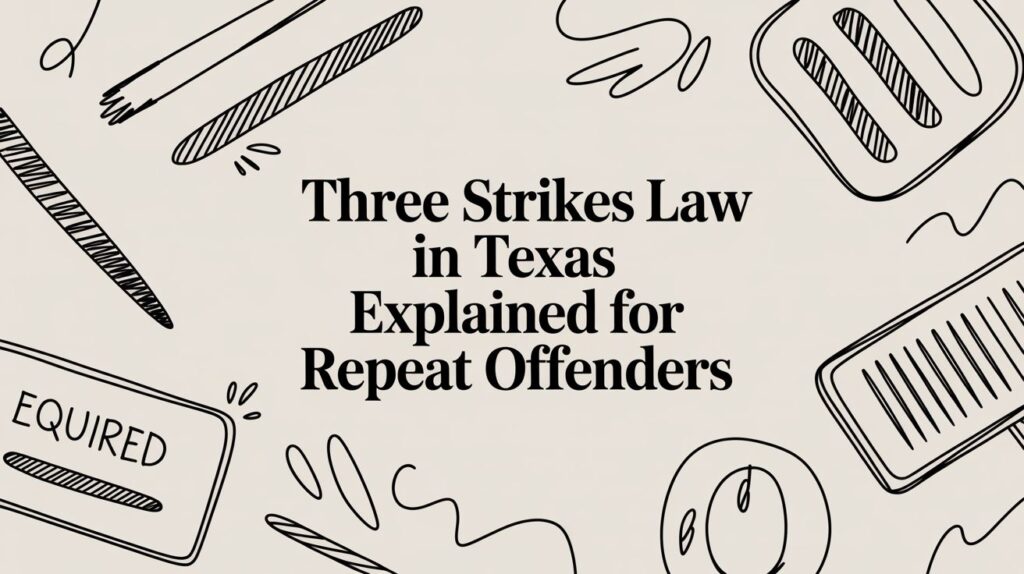 Three Strikes Law in Texas explained for repeat offenders with illustrative elements related to legal concepts.